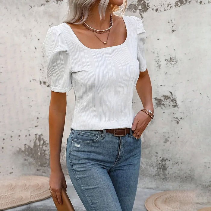 Women Clothing Summer Solid Color Sunken Stripe French U Neck Slim Short- leeved Tops T shirt