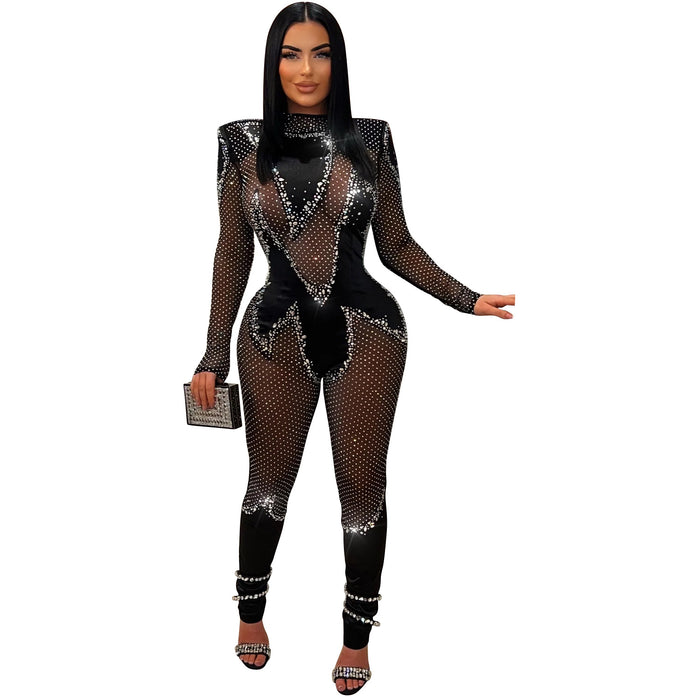 Women Solid Mesh Rhinestone Long Sleeved Trousers Jumpsuit