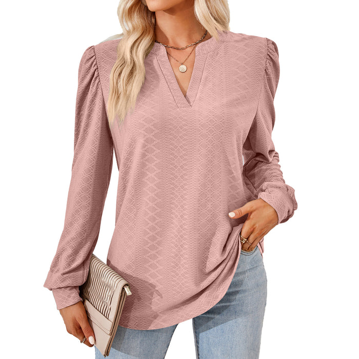 Autumn Winter Solid Color V neck Jacquard Long Sleeve Loose-Fitting T-shirt Top Ladies