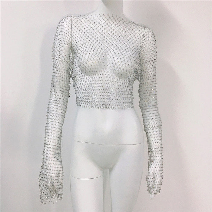 Fishnet T shirt Mesh Rhinestone Long Sleeved Top Sexy Rhinestone Fishnet Clothes Women