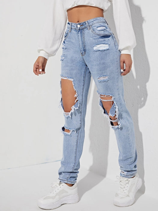 High Waist Straight Large Ripped Denim Trousers Women