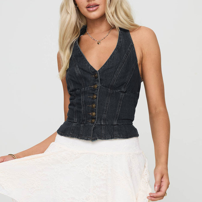 Halter Denim Vest Sexy Lace up Rope Button V neck Elegant Top