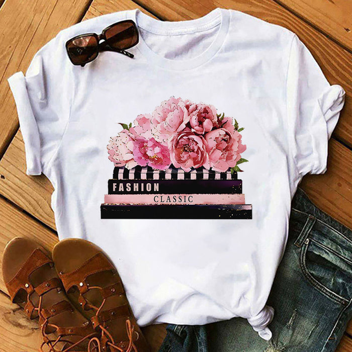 Women T shirt Spring Summer Women Clothing Top Print round Neck Top T-shirt