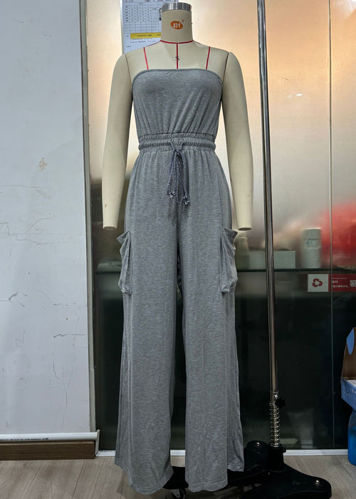 Tube Top Jumpsuit Popular Sleeveless Drawstring Waist One Piece Trousers Wide Leg Pants Women