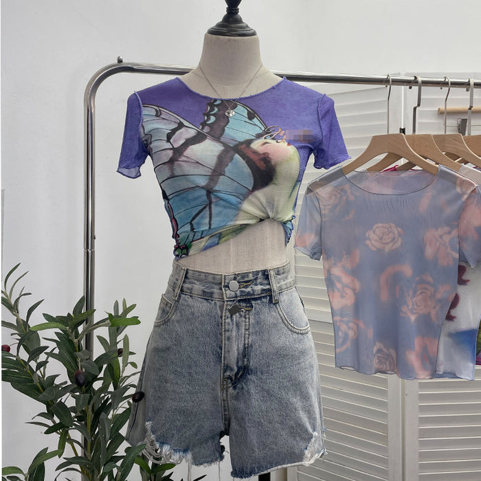 Popular Single Layer Thin Mesh Tie Dyed Printed Slim Fit Short Sleeved T Shirt Women Summer Short Sexy Top