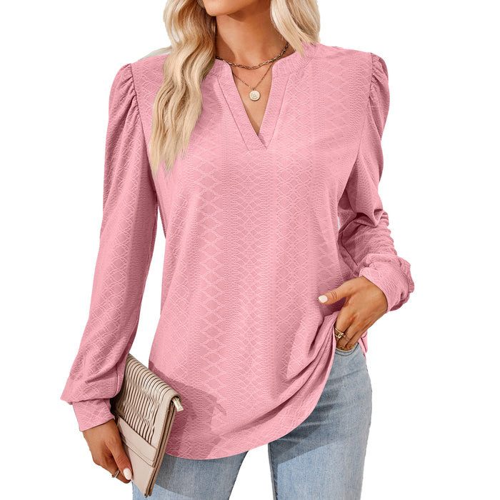 Autumn Winter Solid Color V neck Jacquard Long Sleeve Loose-Fitting T-shirt Top Ladies