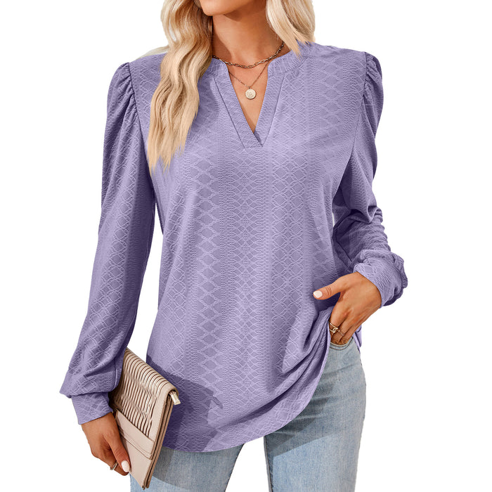 Autumn Winter Solid Color V neck Jacquard Long Sleeve Loose-Fitting T-shirt Top Ladies