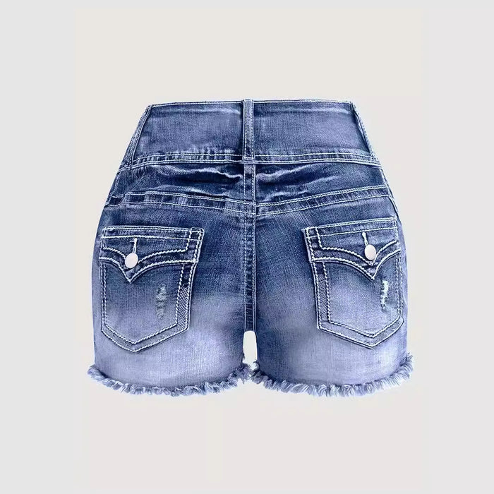 Fashionable Frayed Hem Washed Denim Shorts Women Pants