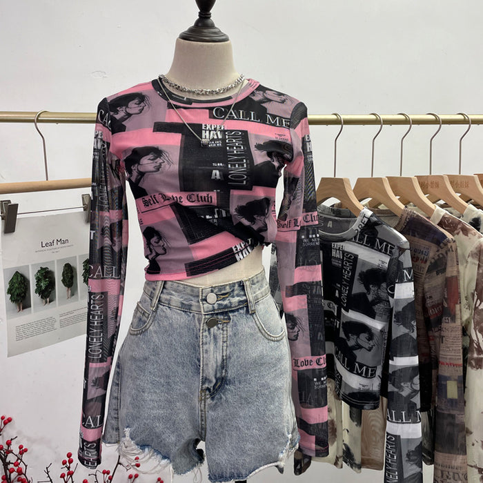 Front Double Layer Tie Dyed Printed Mesh Long Sleeve Top Short High Waist Slim Bottoming Shirt T Shirt