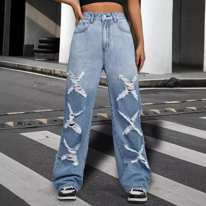 Straight Pants Water Washed Hole Wide Leg Pants Jeans Women