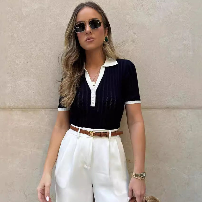 Summer Women Clothing Polo Collar V neck Slimming Color Contrast Patchwork Knitted Top for Women