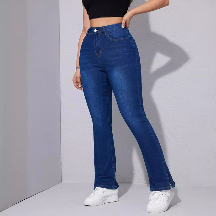 High Waist Stretch Foot Slit Slim Jeans for Women