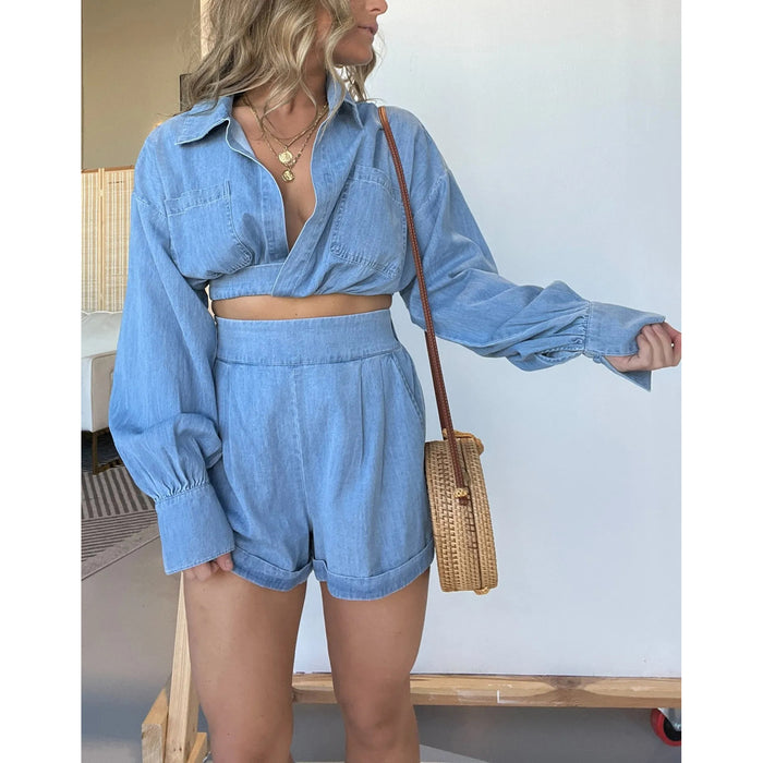 Women Wear Denim Shirt Deep V Plunge Long Sleeve Sexy Shorts Sets