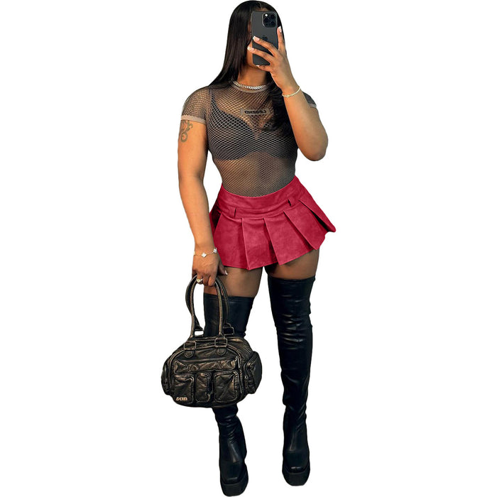 Women Clothing Leather Sexy Solid Color Zipper Pleated Miniskirt