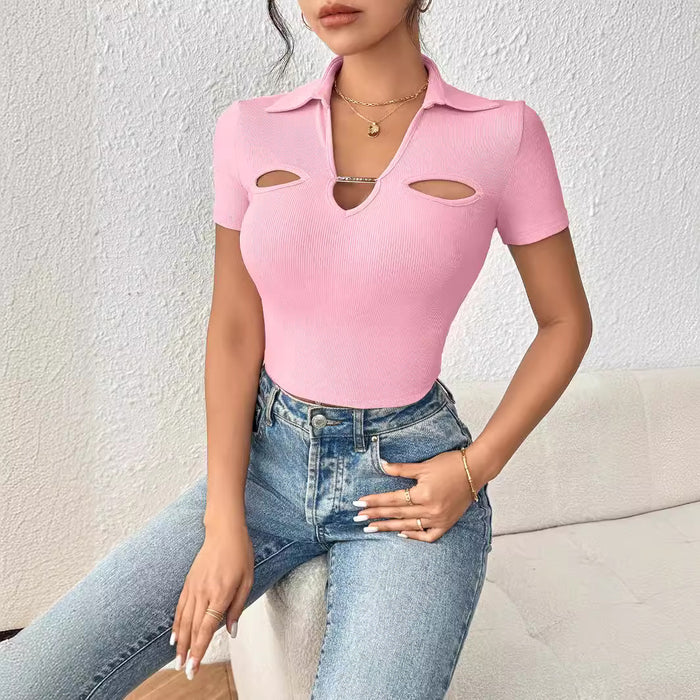 Collared Low Cut Short Sleeved Cropped Women T Shirt Vest