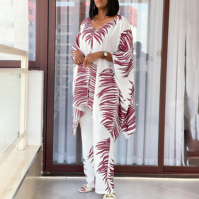 Women Loose Printed V Neck Top Wide Leg Pants Set