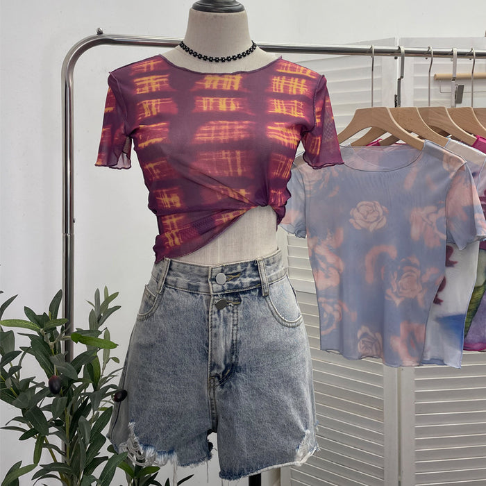 Popular Single Layer Thin Mesh Tie Dyed Printed Slim Fit Short Sleeved T Shirt Women Summer Short Sexy Top