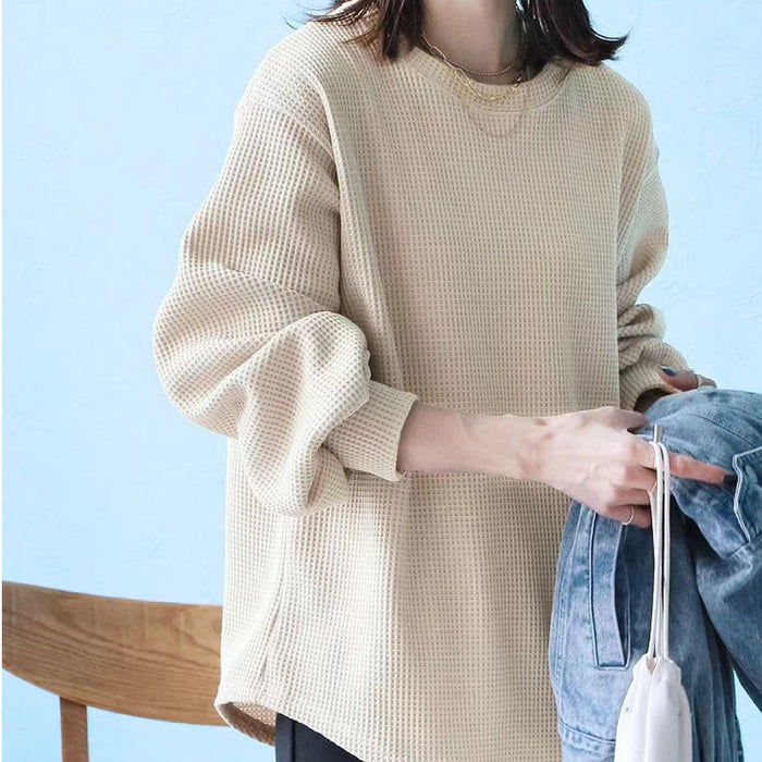 Autumn T shirt Women Loose Casual High Grade Waffle Niche Solid Color Slimming Round Neck Bottoming Shirt Long Sleeve