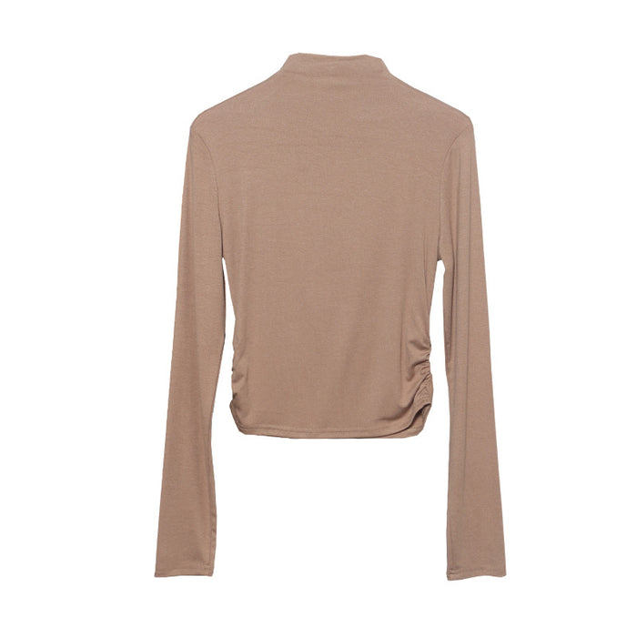 Autumn Winter Basic Stretch Slim Bottoming Shirt Long Sleeve Half Turtleneck T Shirt Pleated Short Top