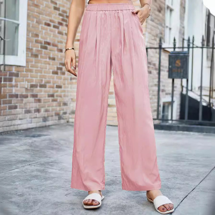 Women Casual Comfortable Loose Silk Pleated Elastic High Waist Wide Leg Pants