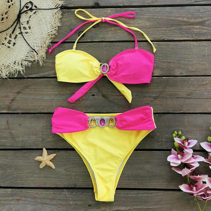 Tube Top with Diamond Bikini Solid Color Stitching Split Swimsuit Women Sexy Backless