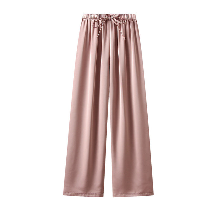 High Grade Pleated Texture Acetate Ice Tencel Satin Wide Leg Pants Women Summer Loose Straight Drooping Casual Pants