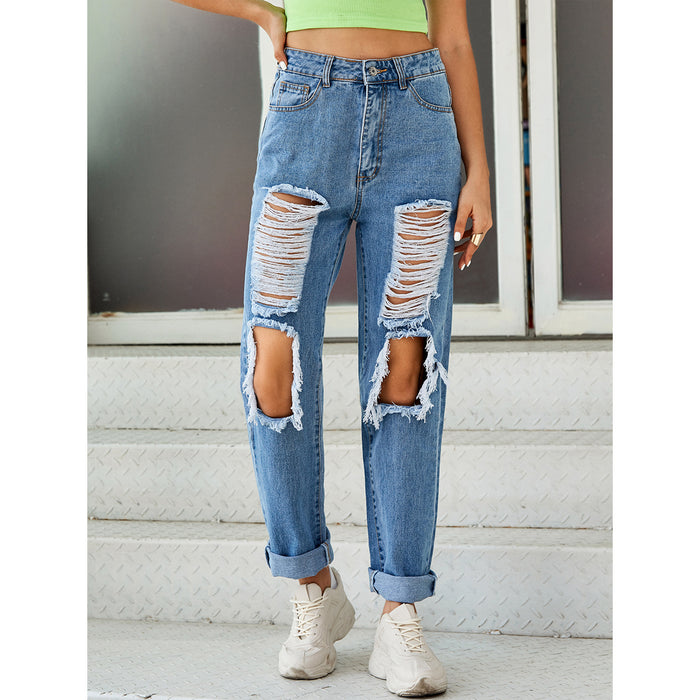 Women Clothing High Waist Ripped Straight Denim Pants Spring Summer