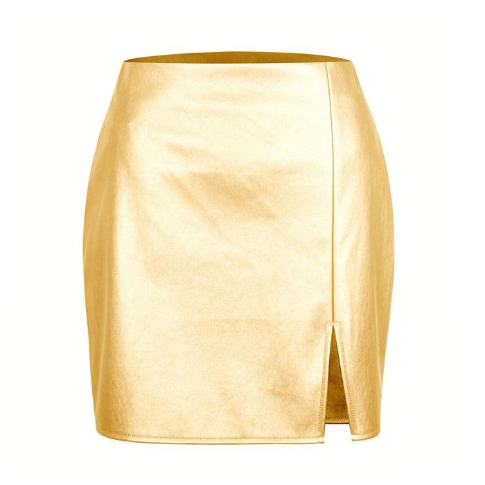 Metallic Faux Leather Split Leather Skirt Women Clothing Sexy High Waist Zipper Skirt Hip Metallic Coated Fabric Skirt for Women