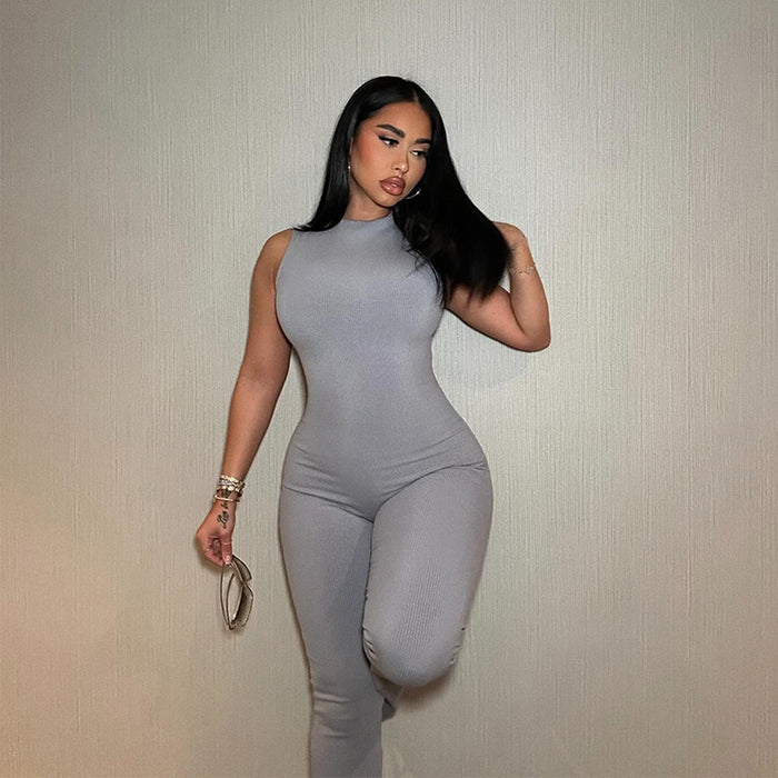 Women Jumpsuit Round Neck Sleeveless Solid Color Bell Bottom Pants Tights Sexy Sexy Sports