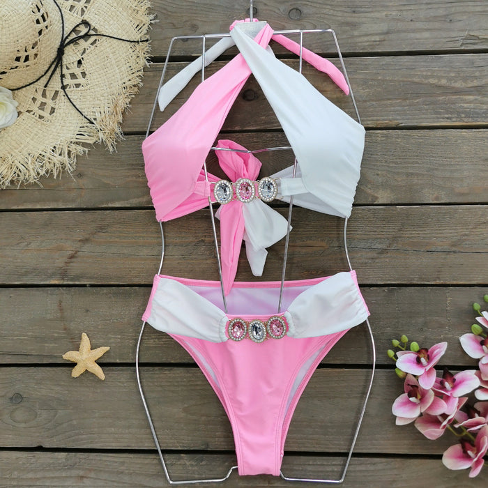 Solid Color Cross Lace Up Cutout Split Swimsuit Women Diamond Bikini Bikini