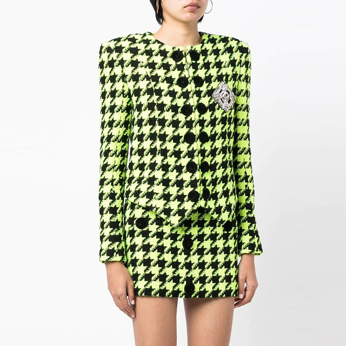 Cool Logo Beaded round Neck Fluorescent Green Houndstooth Woolen Jacket Coat