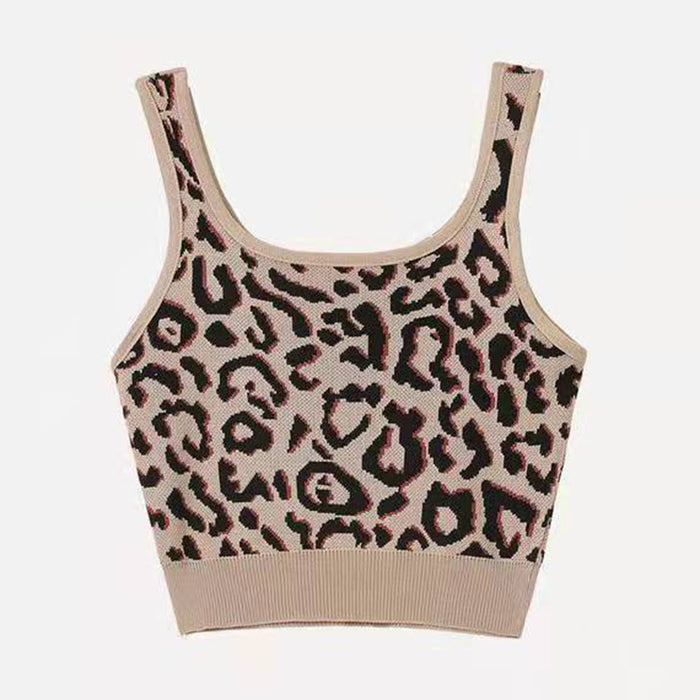 Slim-Fit Short Leopard Print Knitted Camisole Women Outer Wear Inner Bottoming Top