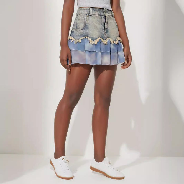 Denim Skirt Women Summer Design Ruffled Splicing Skirt High Waist A line Sexy Skirt