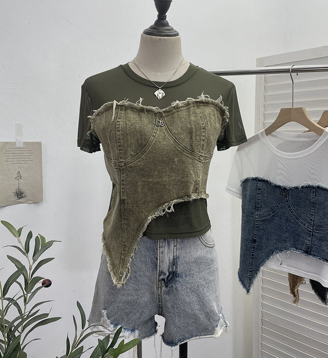 Denim Stitching Mesh Short Sleeve T Shirt Summer Fashionable Irregular Asymmetric Short High Waist Slim Top