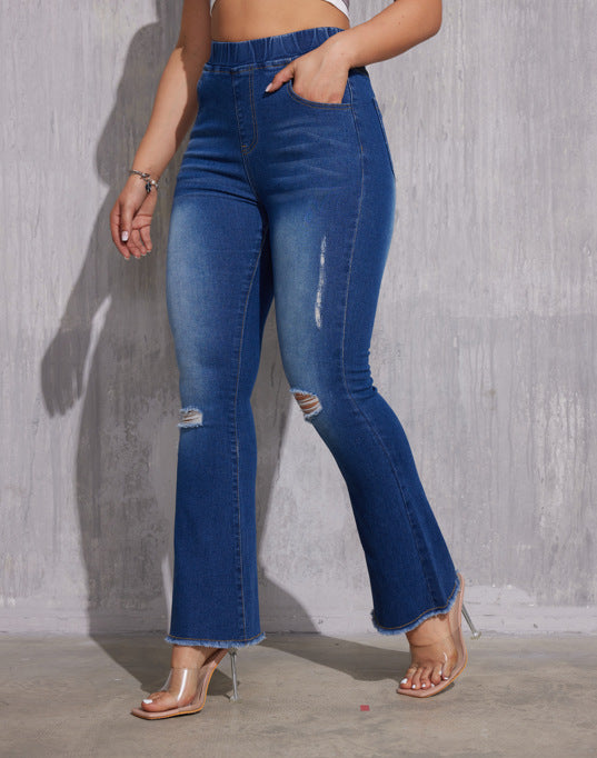 Ripped Slim Fit Wide Leg High Waist Elastic Waist Jeans for Women