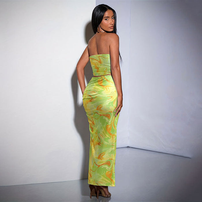 Tie Dye Bandeau Slim Fit Slit Sheath Slim Skirt Set Summer Two Piece Set High Sense Women Clothing