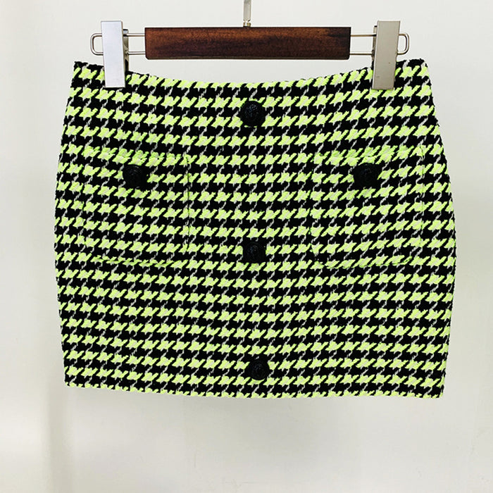 Cool Logo Beaded round Neck Fluorescent Green Houndstooth Woolen Jacket Coat