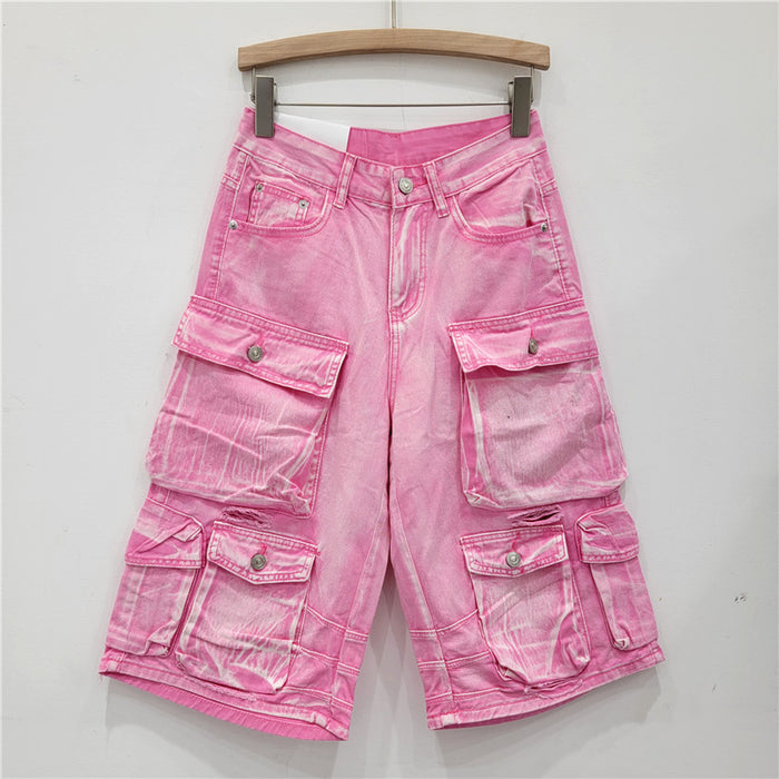 Multi Pocket Denim Shorts Brand Faux Leather Shuai Mei Retro Washed Distressed Tooling Loose Casual Cropped Trousers