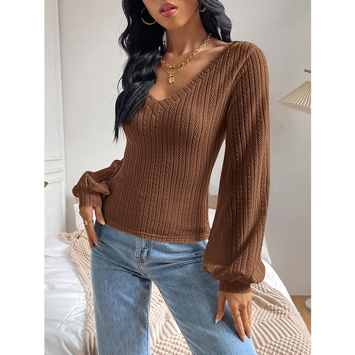 V neck Puff Sleeve Shirt Slim Office Twist Knitted Long-Sleeved Top