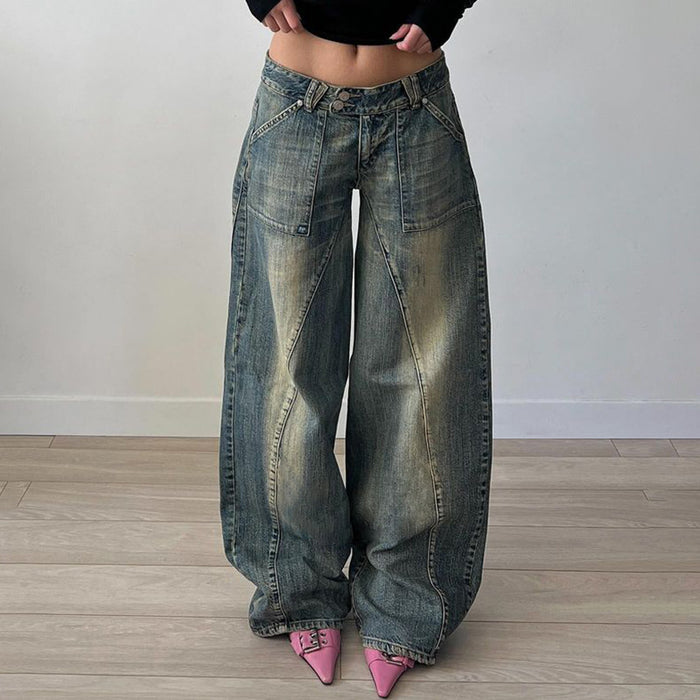 590.0Retro Distressed Irregular Asymmetric Split Pocket Jeans Low Waist Sexy Loose Casual All Matching Wide Leg Pants