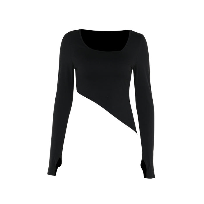 Autumn Personalized T shirt Casual All-Matching Slim Fit Bevel Irregular Asymmetric Top Women