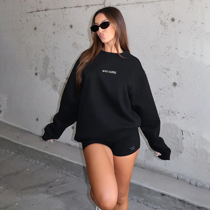 Round Neck Long Sleeve Loose Sweatshirt Women High Waist Print Tight Shorts Casual Sexy Sets