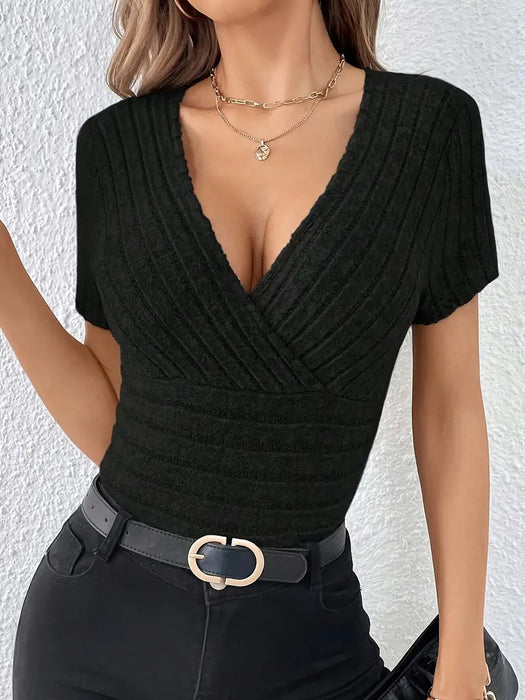 Women Clothing Summer Cross V Neck Short Sleeved Shirt Women Sunken Stripe Fleece Knitted T Shirt Women