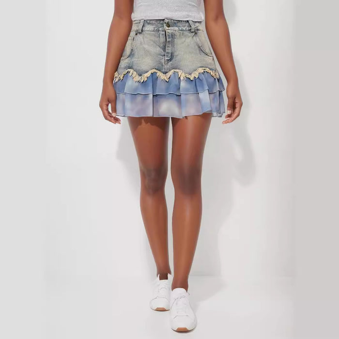 Denim Skirt Women Summer Design Ruffled Splicing Skirt High Waist A line Sexy Skirt