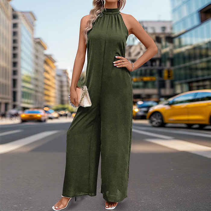 Summer Women Halter Solid Color Straight Jumpsuit