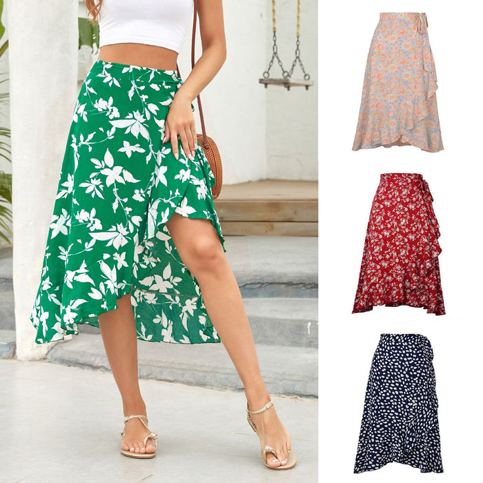 Popular One-Piece Printed Lace-up Sheath Irregular Asymmetric Casual Skirt Summer Women Clothing Skirt