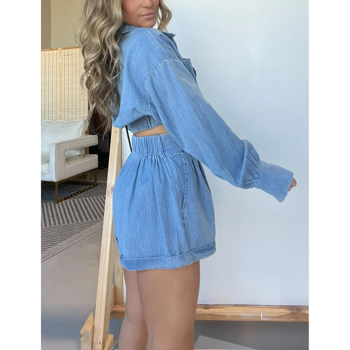 Women Wear Denim Shirt Deep V Plunge Long Sleeve Sexy Shorts Sets