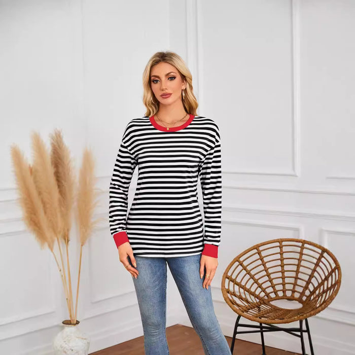 Women Clothing Striped Pattern round Neck Long Sleeve Casual Sweatshirt Top for Women