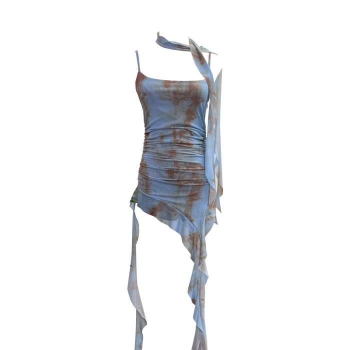 Real Shot Sexy Irregular Asymmetric Design Ruffled Ribbon Camisole Tie Dyed Mesh Pleats Top