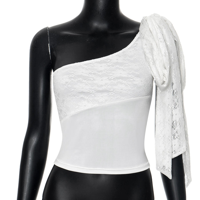 Simple All Match Shoulder Stitching Mesh Slightly See through Bare Cropped High Waist Slim Fit Slimming Top Summer